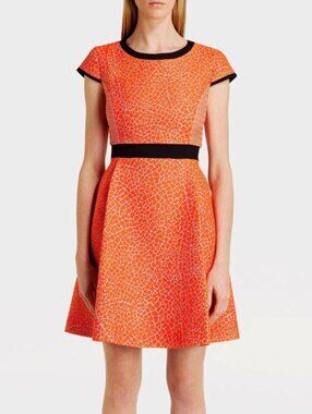 Ted Baker Qiara Neon Orange Jacquard Fit & Flare Dress Black Trim- Size 4